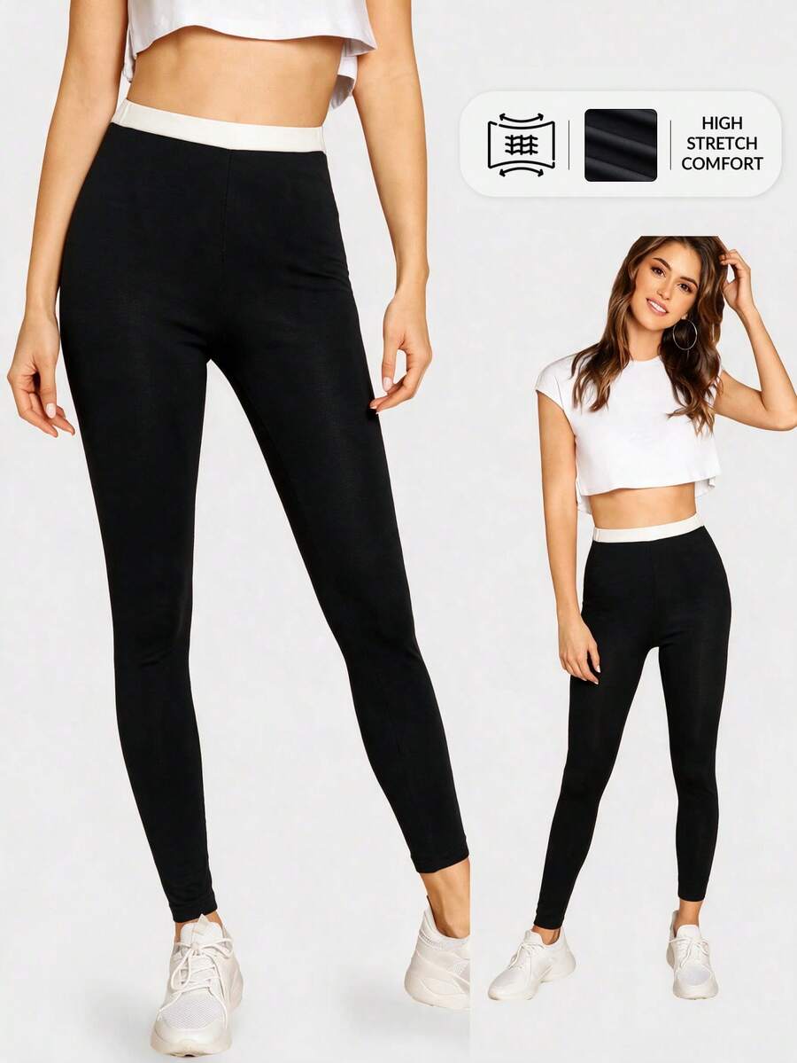 SHEIN BASICS 女款拼色高腰日常健身緊身褲 - 黑色 - 查看 1