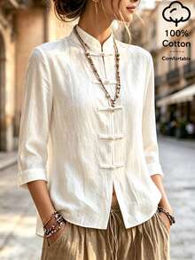 SHEIN Blus Pendek Gaya Cina Retro Minimalis Longgar Sehari-hari, Terbuat dari Kain Putih Murni Bertekstur, Kerah Tegak, Penutup Kancing Depan, 5 Kancing Gaya Cina, Kancing Katak Satu Karakter, Manset Lipat 3/4. - Putih - View 1