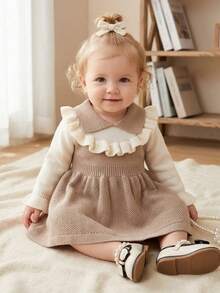 SHEIN Baby Girl Colorblock Patchwork Ruffle Knit Dress Autumn Fall - Khaki - View 1