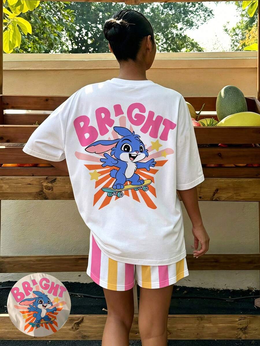 青少年女孩極簡休閒可愛卡通藍色兔子 Lulu & Stitch 圖案條紋圓領短袖T恤與緊身內搭褲套裝,適合春夏,日系可愛圖案,舒適度假風,多巴胺配色,派對造型 - 彩色 - 查看 1