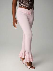 Nooralise Women's Autumn Pink Sweet Style Criss-Cross Elastic Waist Bow Decor Slim Fit Ankle Pants, Ruffle Hem Stretch Slim Fit Casual Trousers, Suitable For Daily, Home, And Outdoor Wear - Pink - View 5