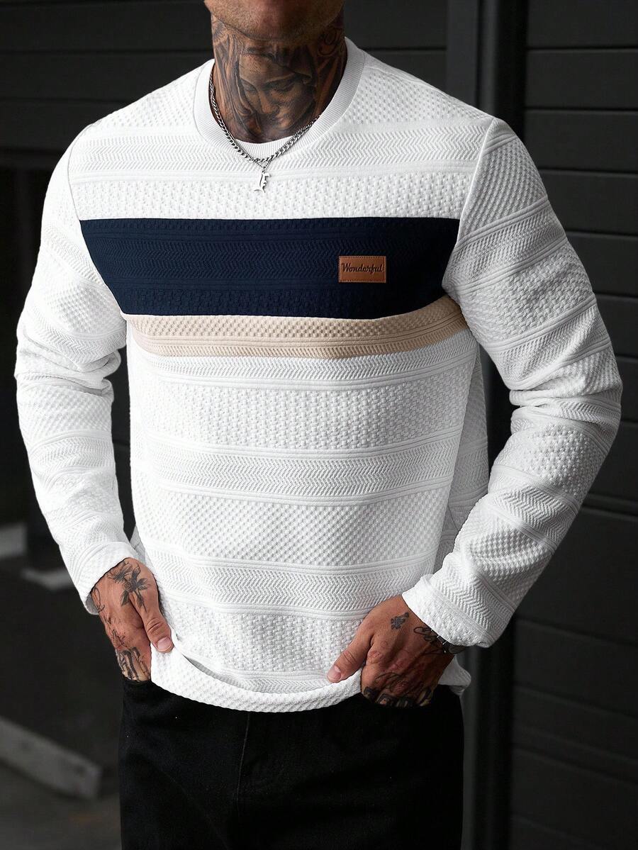 EGENSIO Men's Autumn Casual Colorblock Patchwork Long Sleeve T-Shirt - White - View 1