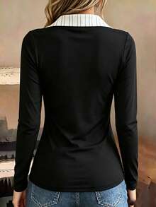 Selamara Kaos Kasual Lengan Panjang Berkerah Motif Garis-Garis Patchwork untuk Wanita - MultiWarna - View 2