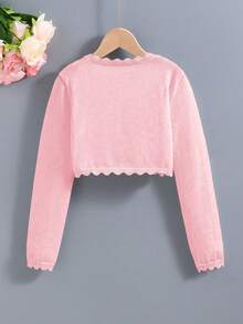 SHEIN Elladie kids 青少年女孩純色休閒百搭日常長袖開襟衫 - 西瓜粉 - 查看 2