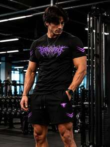 GymBeat 男士字母印花短袖上衣與短褲休閒日常運動套裝，健身房適用 - 彩色 - 查看 3