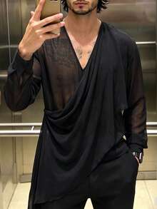 ZURIURI Men's Sheer Casual Elegant Long Sleeve Shirt - Black - View 5