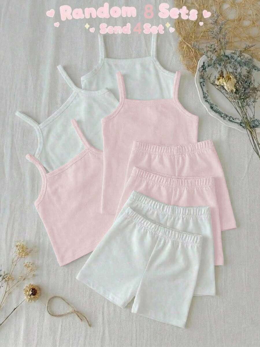 SHEIN 女童兒童春夏細肩帶上衣與短褲套裝 2件式內衣套裝 素色與多色可選 - 淺粉色 - 查看 1