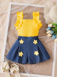 Souflis Souflis Two Pieces Sweet And Playful Sleeveless Pleated Vest Knitted Ribbed T-Shirt Jacket Is Suitable Summer - Yellow - View 6