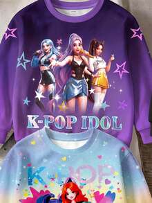 女童休閒卡通女團 K-Pop 超級巨星款 厚實柔軟舒適圓領套頭運動衫，適合秋冬，3件/組隨機圖案 - 彩色 - 查看 5