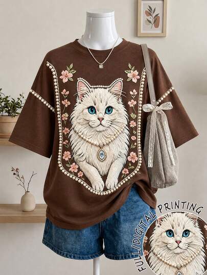 Lalippa Kaos Wanita Lengan Pendek Model Longgar dengan Bahu Jatuh dan Motif Kucing Digital Print