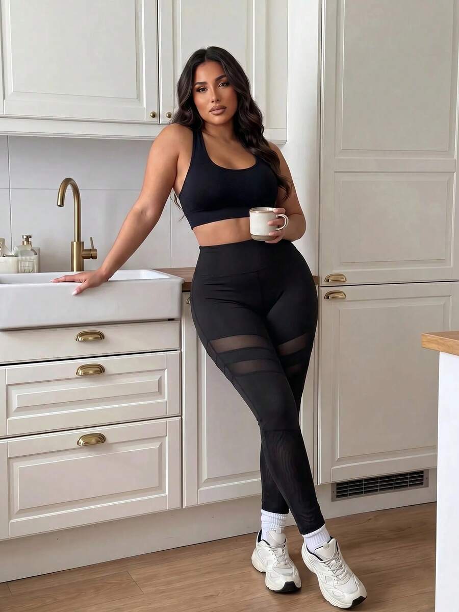 SHEIN Sports Women's Plus Size Mesh Patchwork Casual Daily Travel Sports Leggings - Black - View 1