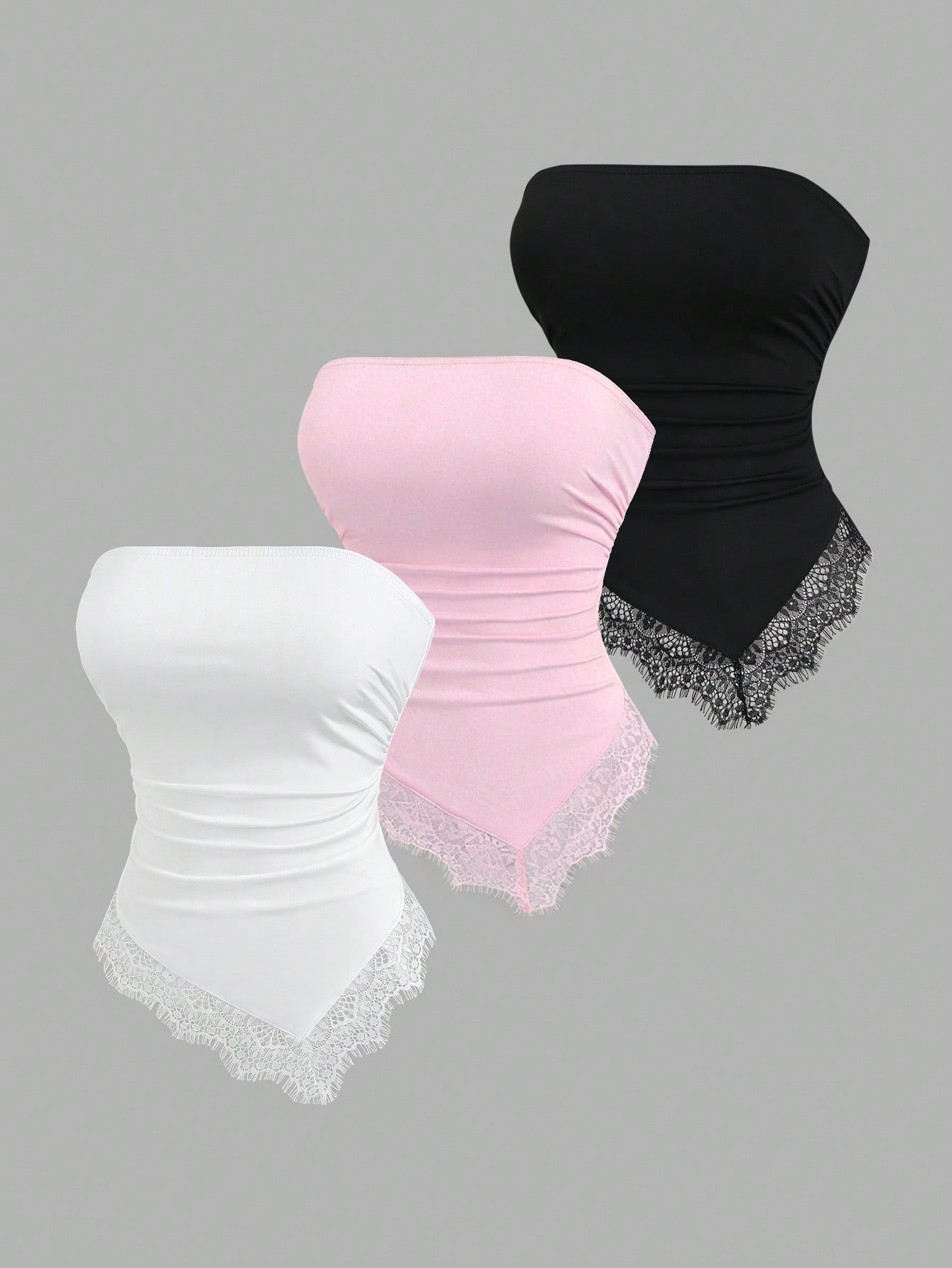 Sweetra Conjunto de 3 Peças Feminino Primavera/Verão Férias Casual Sexy Renda Patchwork Design Bainha Assimétrica Preto, Branco, Rosa Blush Top para Noite e Encontro