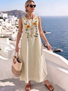 EMERY ROSE CURVE Plus Size Women's Autumn/Winter Fashion Casual Loose Comfortable Everyday All-Match Versatile Beige Sleeveless Floral Embroidered Long Tank Dress - Multicolor - View 6