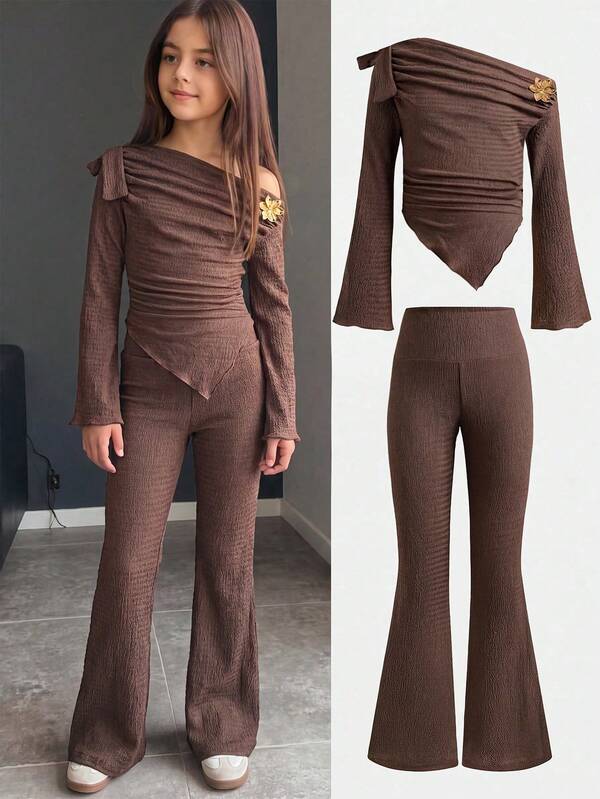 Tween Girl 2-Piece Casual Coffee Color Ruched Off-Shoulder Long Sleeve Fitted Knit Top With Metal Rose Button And Bow Tie And Flare Pants Set