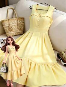 GlowEve CURVE Plus Size Sleeveless U-Neck Dress, Suitable For Casual Elegant, Daily, Vacation, Commute Party And Other Occasions Butter Yellow Summer - Yellow - View 6
