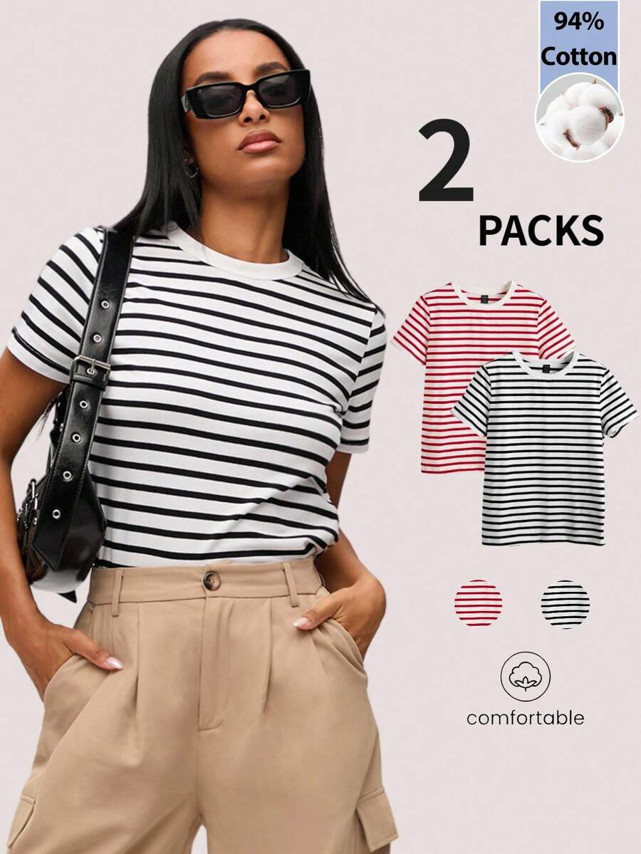 SHEIN BASICS Women's Red And White Black And White Colorblock Casual French Coastal Daily Everyday School Summer T-Shirts 2pcs/Set Back-To-School Teacher Brunch - Multicolor - View 1