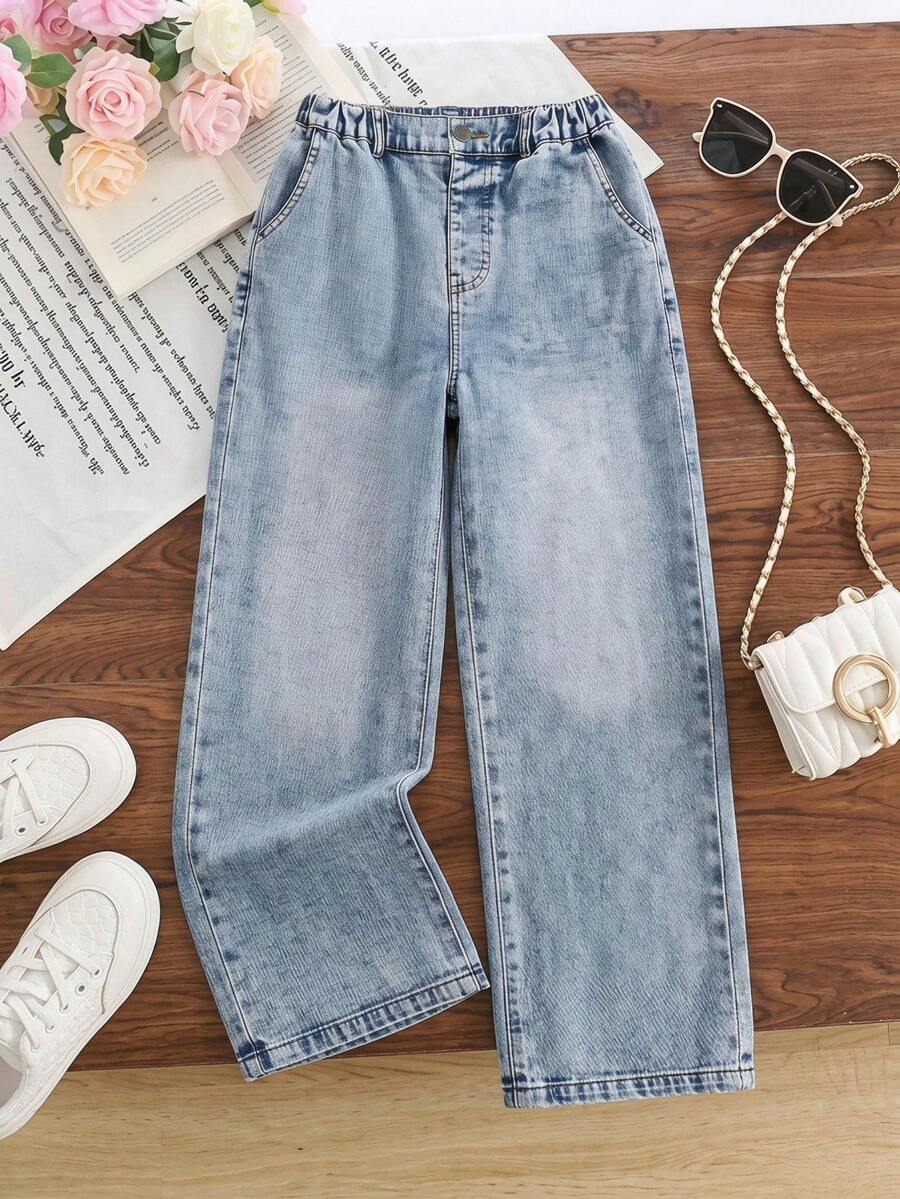 SHEIN 青少年女孩牛仔褲 秋季新品復古淺藍色,寬鬆版型,輕量柔軟牛仔布料舒適穿著,時尚女孩必備,簡約休閒風格適合四季,完美適用於日常穿著、拍照、購物、外出、派對等,新品青少年女孩牛仔褲 - 中等水洗藍 - 查看 1