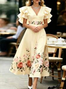 Balvessa Commuter Fashion Elegant Long Multi-Layer Ruffle Dress - Pale Yellow - View 3