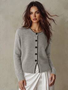 Franclia Blogger-Inspired Colorblock Loose Fit Crew Neck Sweater Jacket, European & American Style - Grey - View 1
