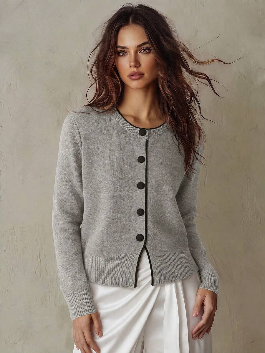 Franclia Blogger-Inspired Colorblock Loose Fit Crew Neck Sweater Jacket, European & American Style - Grey - View 1