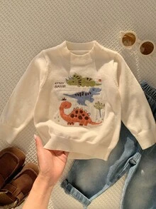 SHEIN 男嬰中性嬰兒服飾 冬季/秋冬休閒可愛百搭白色恐龍毛衣 嬰兒可愛毛衣 - 彩色 - 查看 2