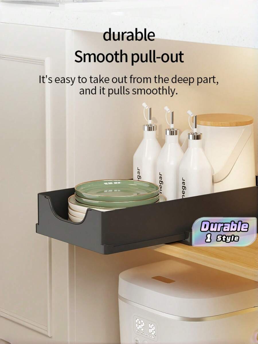 A Versatile, Retractable Water Basin Under-Cabinet Drawer Unit With Adjustable Width From 17.1 Inches To 26.77 Inches, Suitable For Storage, Kitchen, Bathroom, And Living Room Drawer Organization. It Features Sliding Rail Design For Easy Access. - Black - View 1
