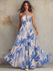 Franclia Women's Elegant Sexy Vacation Casual Printed Halter Backless Dress Golf White Summer - Blue and White - View 1
