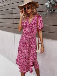 SHEIN Holidaya Ditsy Floral Tie Front Button Through Dress - Red Violet - View 6