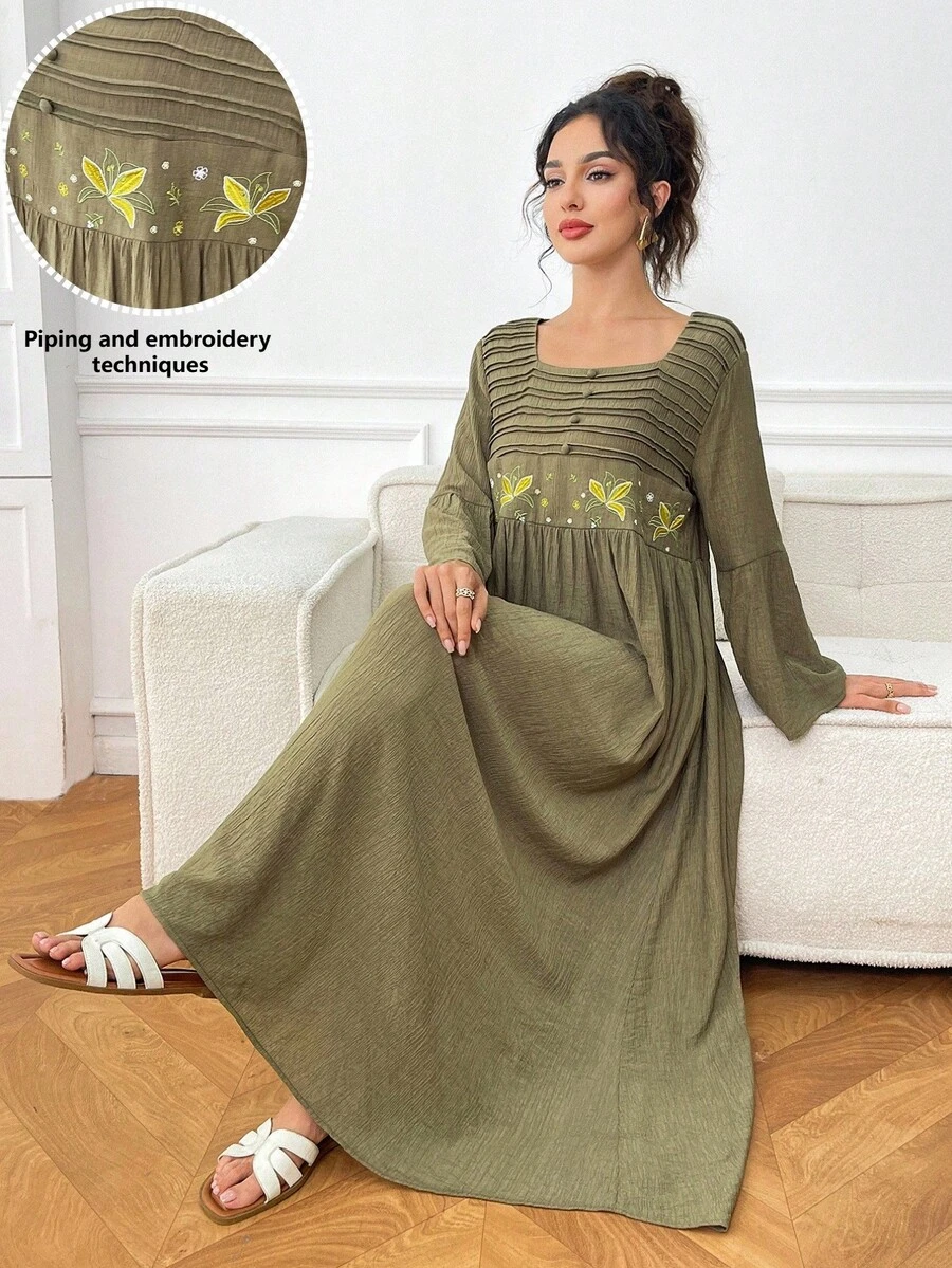Yasmyna Gaun Tradisional Arab Wanita Elegan dengan Bordir, Lipit, dan Tekstur - Hijau - View 1