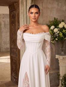 Aureia Elegant Luxurious White Elastic Knit Contrast Lace Cold Shoulder Sheer Sleeve Ruched V-Waist A-Line Hem Wedding Event Bridal Gown Evening Dress - White - View 3