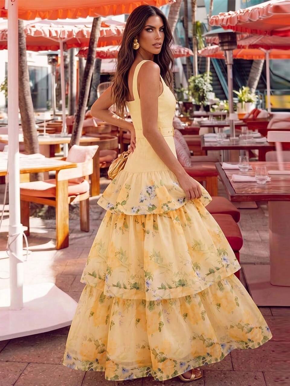 Anewsta Summer Romantic Floral Print Dress, Square Neck Waist Belt Design, Elegant Ruffle Hem, Suitable For Vacation, Party, And Formal Occasions