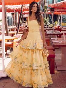 Anewsta Summer Romantic Floral Print Dress, Square Neck Waist Belt Design, Elegant Ruffle Hem, Suitable For Vacation, Party, And Formal Occasions - Light Yellow - View 5
