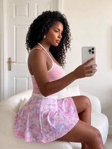 SHEIN Core Rhythm Women's Asymmetric Waist All-Over Print Casual Daily Sports Skort - Pink - View 3
