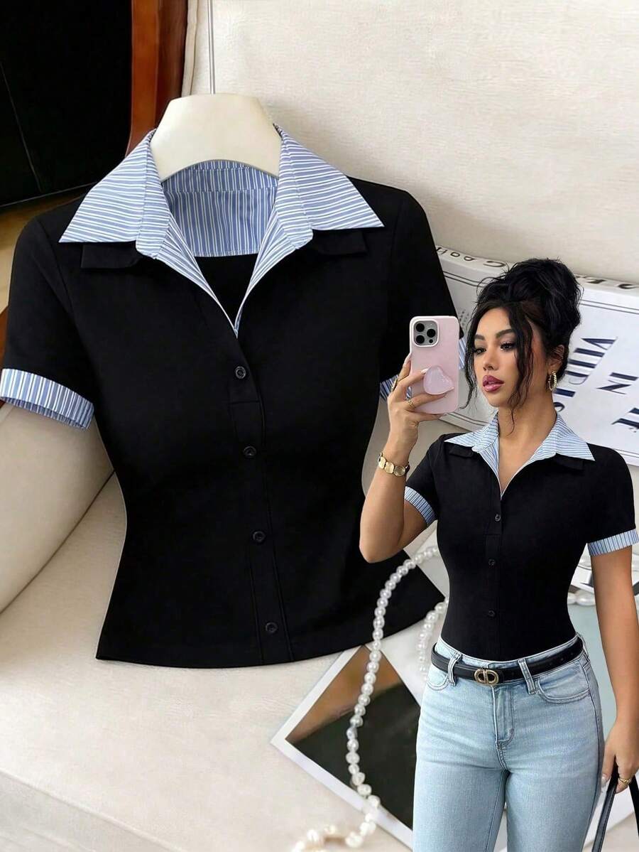 SHEIN Elenzya 畅销款蓝白条纹领拼接黑色针织门襟装饰短袖袖口拼接蓝白条纹针织T恤