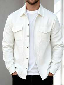 Manfinity Homme Men's Spring/Summer/All-Season White Knitted Textured Casual Mature Long Sleeve Daily Shacket - White - View 1