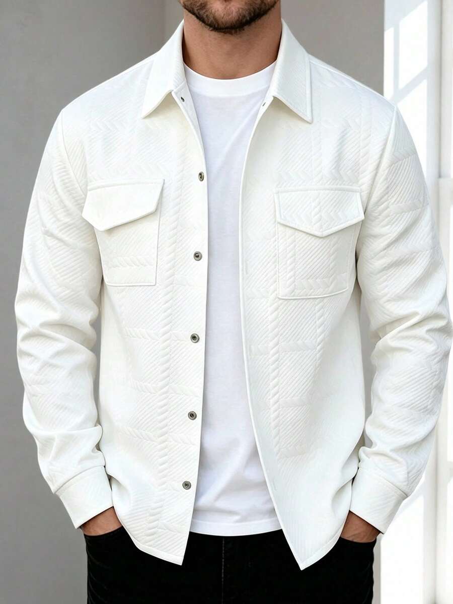 Manfinity Homme Men's Spring/Summer/All-Season White Knitted Textured Casual Mature Long Sleeve Daily Shacket - White - View 1