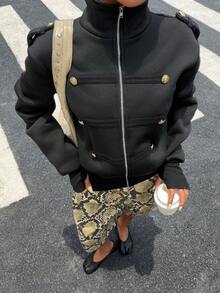 Muchica 女款黑金配色高領拿破崙鈕扣運動衫夾克，休閒嘻哈電音可愛頹廢壞女孩街頭風，優雅夜店秋季穿搭 - 黑色 - 查看 3