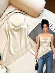 SHEIN 女款優雅對比蕾絲休閒緞面細肩帶背心上衣 - 杏色 - 查看 5