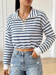SHEIN PariChic Autumn/Winter Casual Outdoor Commute Textured Striped Fabric Drawstring Long Sleeve Sweatshirt - Blue and White - View 6