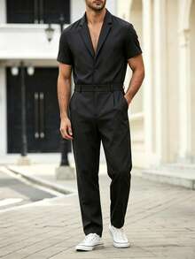 Manfinity Homme Men's Jumpsuit And Overalls, Short Sleeve Long Pants Style, Black Cool-Touch Wrinkle-Resistant Fabric, Mature Casual Style - Black - View 6