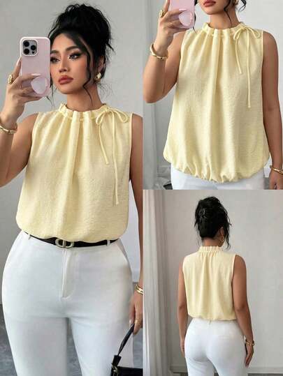 SHEIN Clasi Plus Size Elegant Casual Minimalist Lazy Sleeveless Shirt, Elastic Waist Design, Loose Neckline With Drawstring, Women's Shirt, Butter Yellow Summer