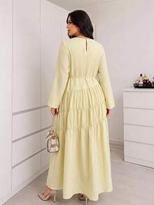 Solavon Plus Size Women Solid Color Waist Knot Pleated Casual Elegant Party Formal Wedding Guest Dress Autumn Butter Yellow - Light Yellow - View 2
