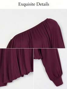 SOLERSUN Atasan Wanita Ukuran Plus Longgar Asimetris Satu Bahu Lengan Panjang Berlipit, Blus Pullover Berkerut, Gaya Jalan Santai Musim Gugur - Purple - View 7