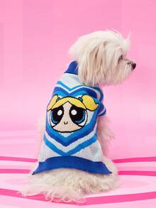 THE POWERPUFF GIRLS X PETSIN 1件藍色愛心可愛卡通提花高領寵物毛衣，超彈力保暖，讓貓狗舒適有型，柔軟透氣面料，防跳蚤、不易掉毛，適合室內依偎或戶外散步 - 藍色 - 查看 3