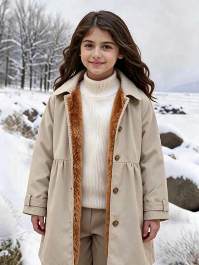 SHEIN Tween Girl Casual Fashion Woven Fabric Long Coat With Contrast Color Polar Fleece Lining, Loose Fit, Comfortable For Autumn/Winter Daily Commute, Outdoor Play, Outings, Gatherings And Photo Shoots