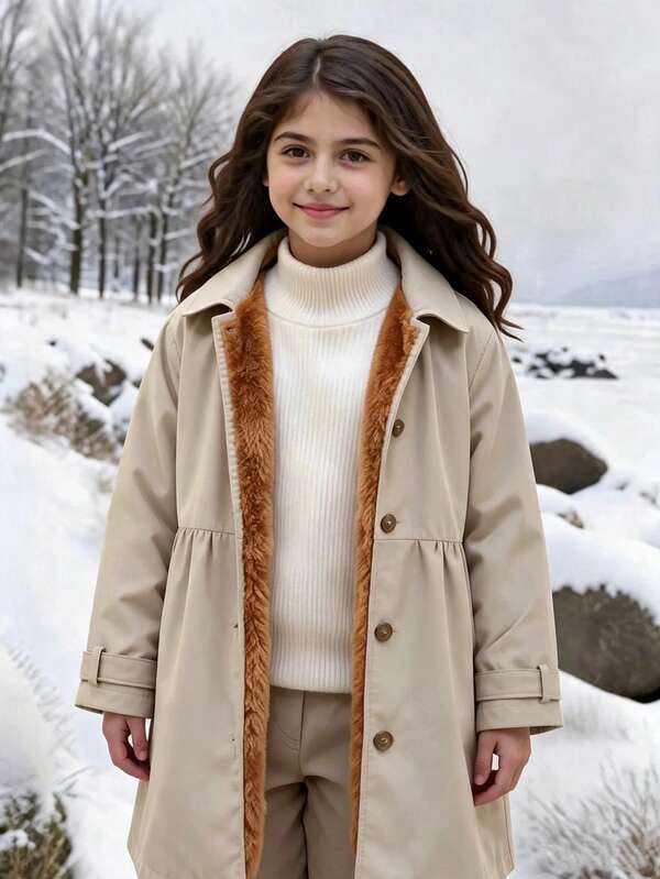 SHEIN Tween Girl Casual Fashion Woven Fabric Long Coat With Contrast Color Polar Fleece Lining, Loose Fit, Comfortable For Autumn/Winter Daily Commute, Outdoor Play, Outings, Gatherings And Photo Shoots