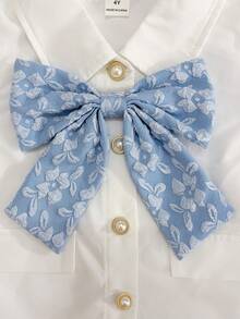 SHEIN Elladie kids 幼女幼童秋冬優雅花卉提花大蝴蝶結翻領鈕扣襯衫外套與寬腿褲休閒2件套服裝套裝 - 藍色 - 查看 5