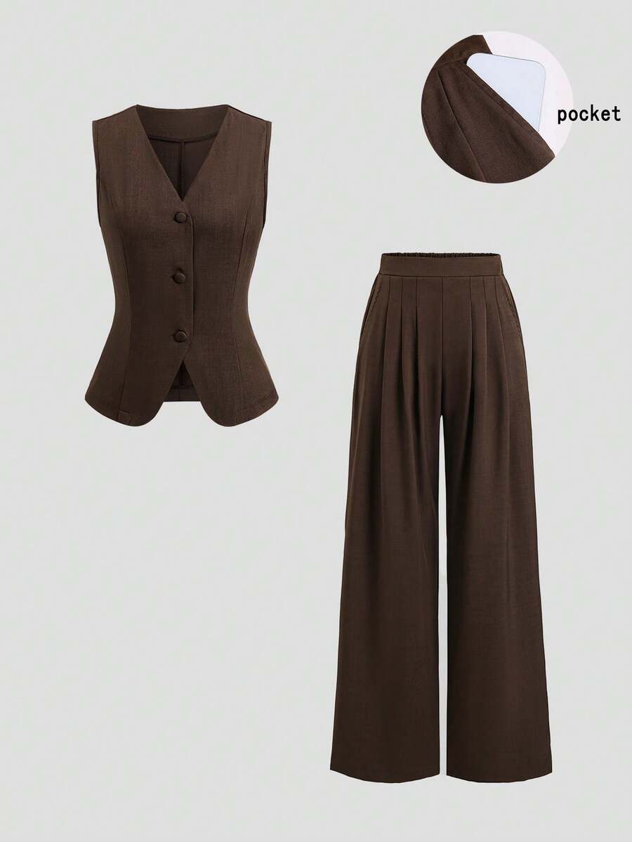 Sweetra Vintage Commuter Minimalist Intellectual Casual Young Lady Simple Business Daily Commute Business Meeting Afternoon Tea Top V-Neck Sleeveless Front Placket Three Same-Color Buttons High-Waist Pleated Wide-Leg Two Pieces Set - Brown - View 1