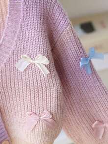 SHEIN Playful Pals 女童馬卡龍彩虹針織開襟衫，柔軟舒適，蝴蝶結裝飾，V領長袖前扣，可愛休閒風格，適合小女孩 - 彩色 - 查看 5