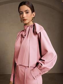 MOTF WOMEN'S PREMIUM OVERSIZED BOW TIE RUCHED LANTERN SLEEVE BLOUSE - Pink - View 5